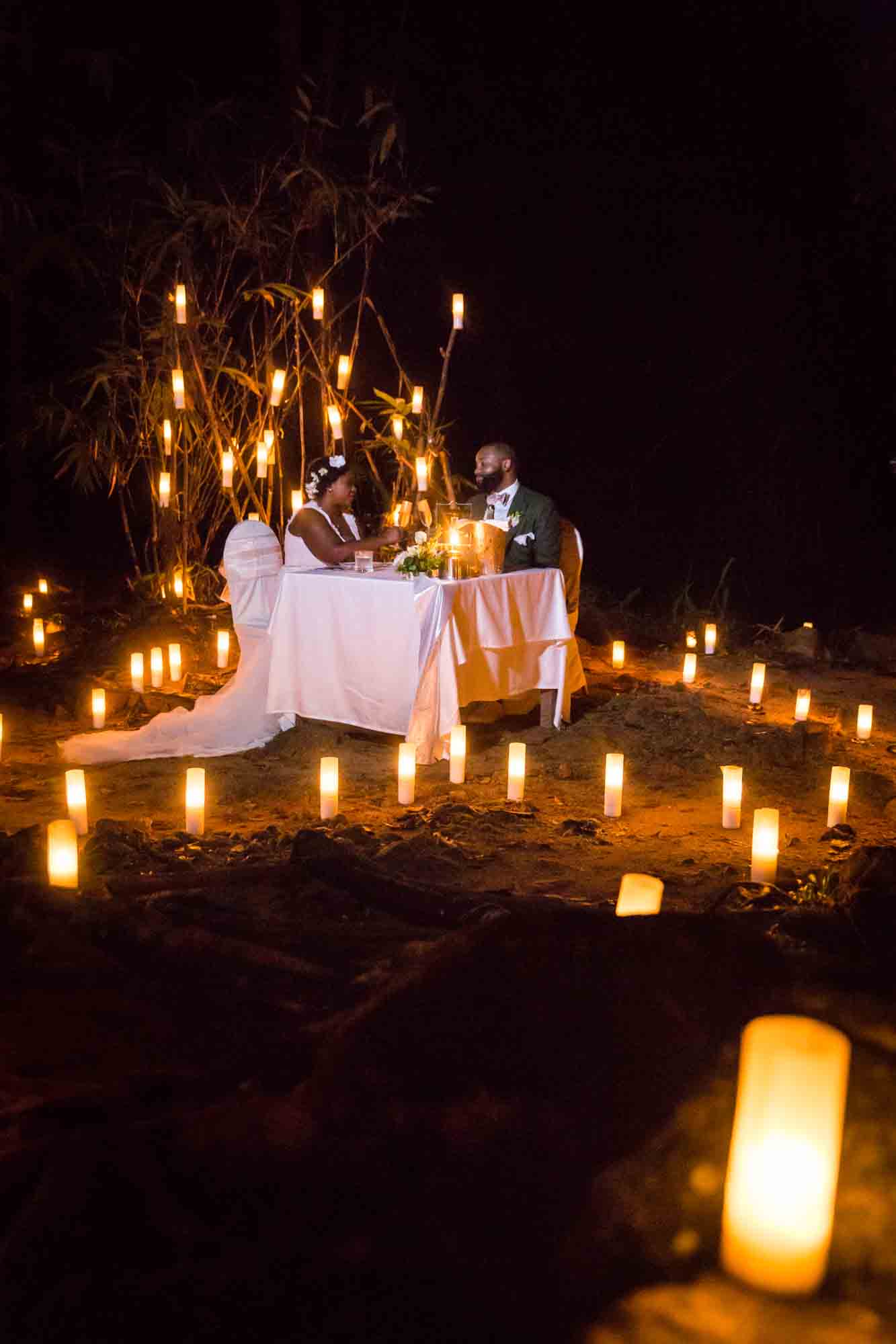 Bride and groom dining by candlelight for an article on destination wedding planning tips