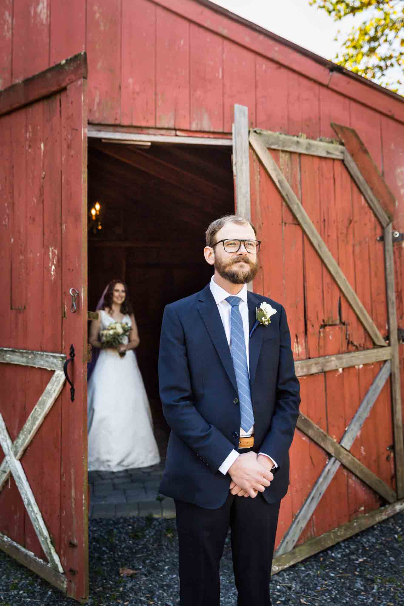 Bride and groom first look for an article on band vs DJ