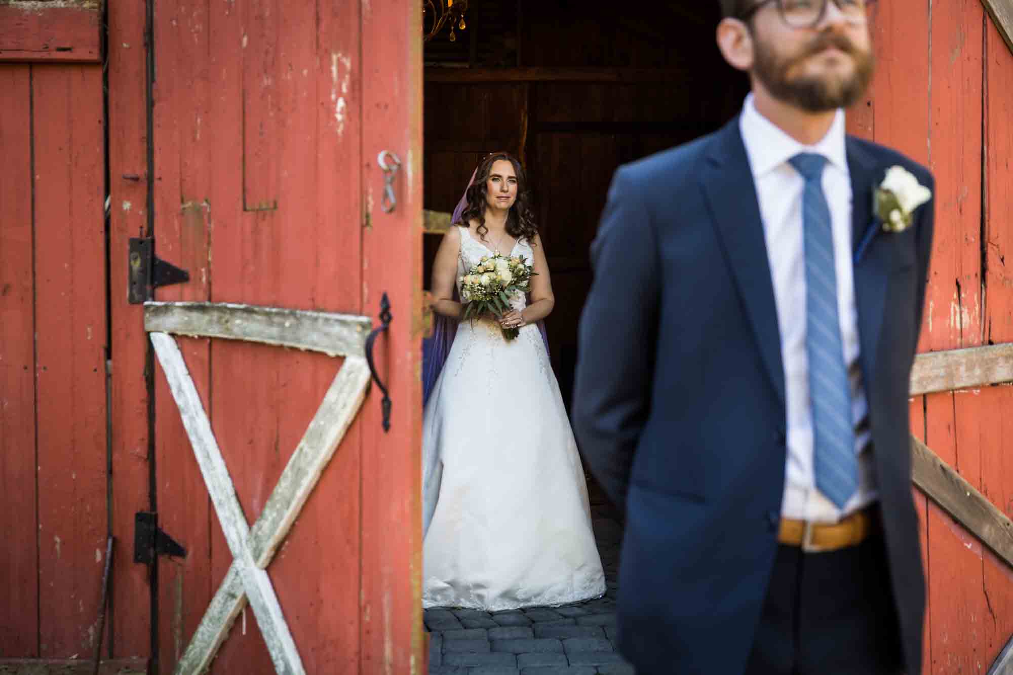 Bride and groom first look for an article on band vs DJ