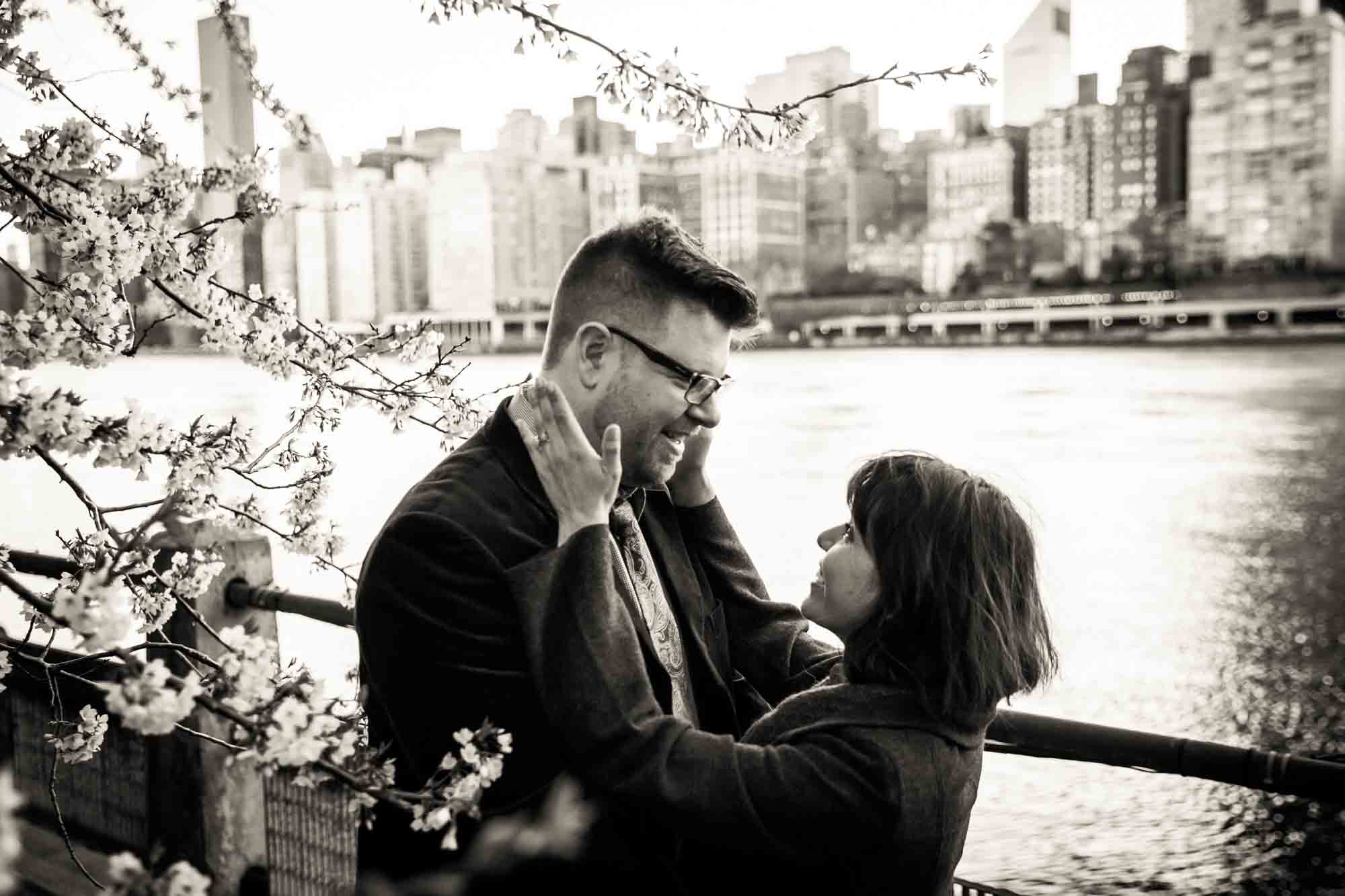 Roosevelt Island engagement portrait for an article on cherry blossom photo tips