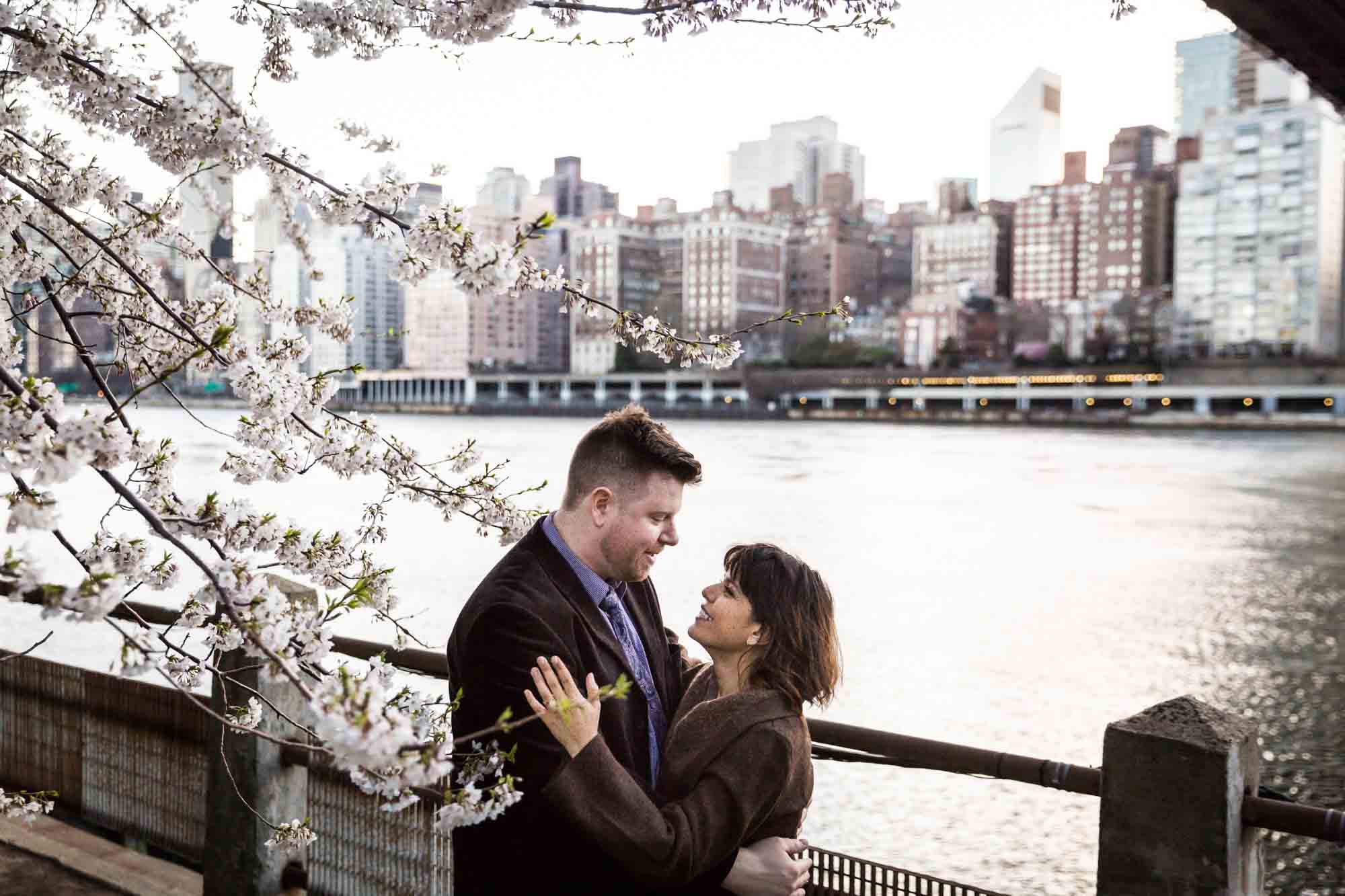 Roosevelt Island engagement portrait for an article on cherry blossom photo tips