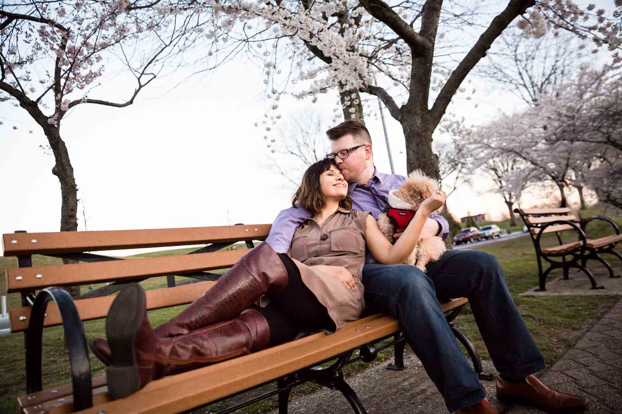 Roosevelt Island engagement portrait for an article on cherry blossom photo tips