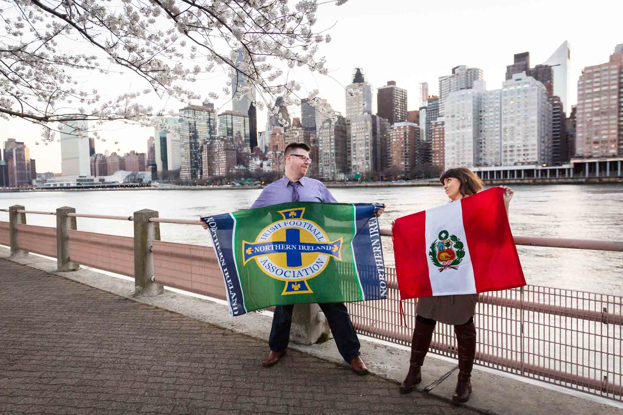 Roosevelt Island engagement portrait for an article on cherry blossom photo tips