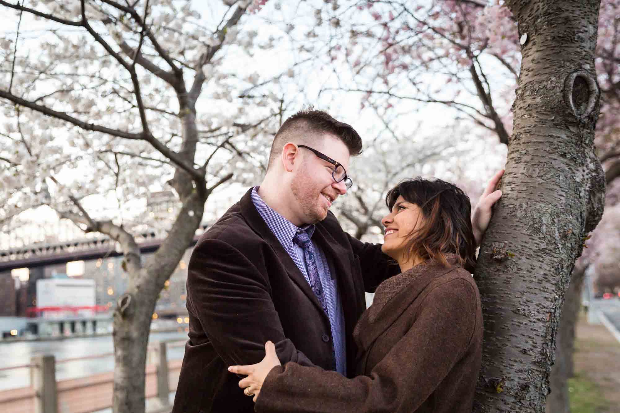 Roosevelt Island engagement portrait for an article on cherry blossom photo tips