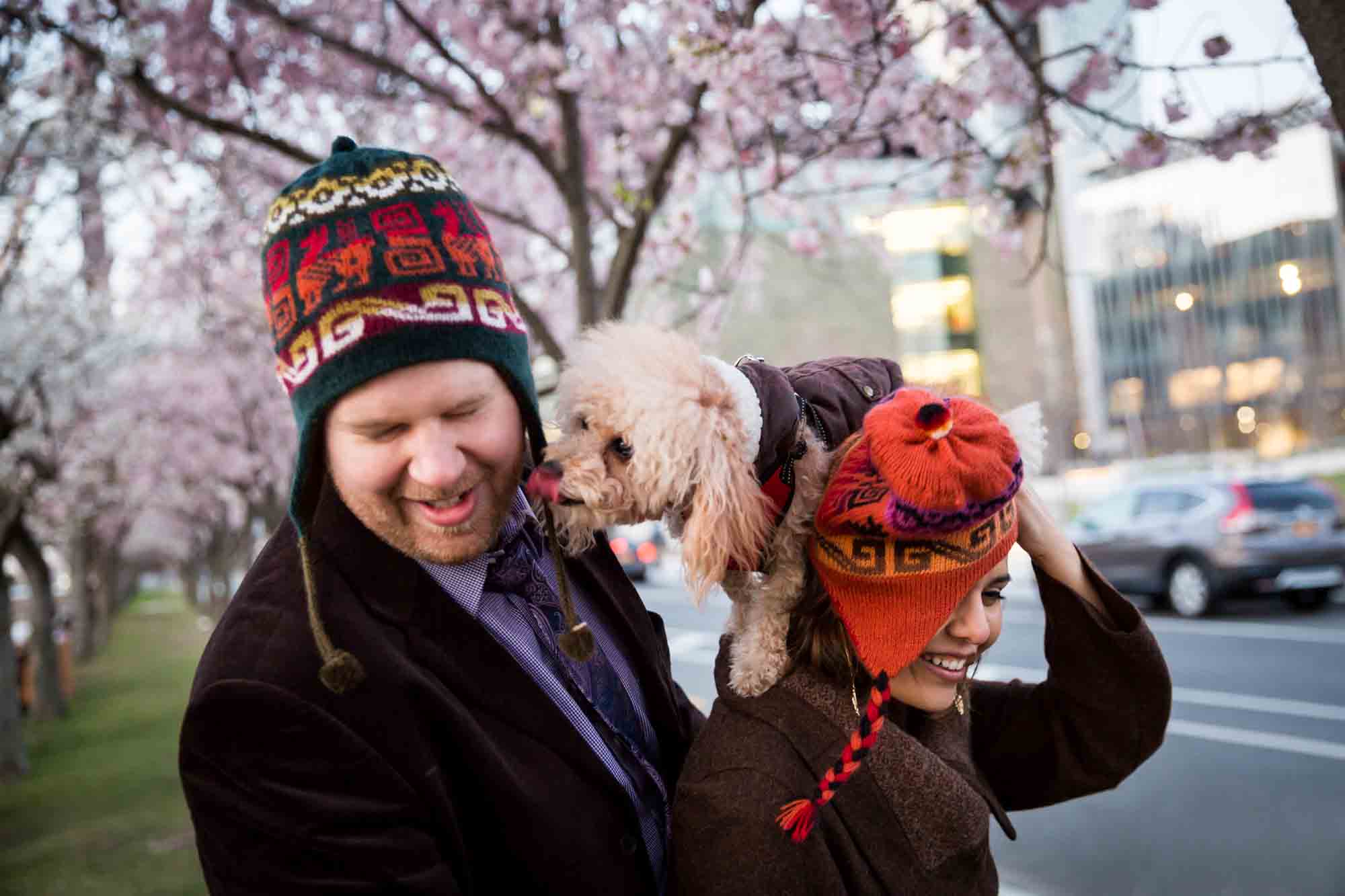 Roosevelt Island engagement portrait for an article on cherry blossom photo tips