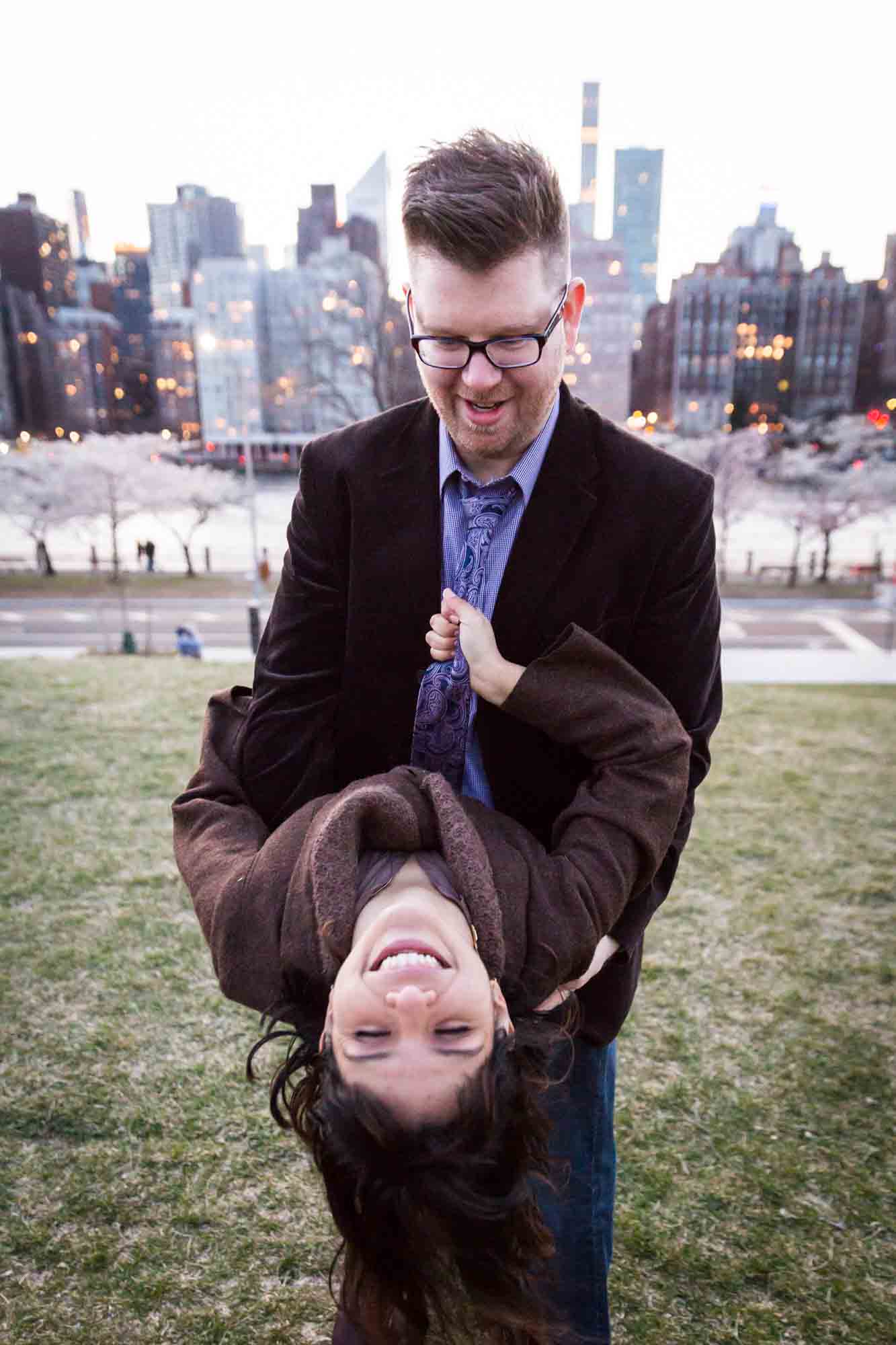 Roosevelt Island engagement portrait for an article on cherry blossom photo tips