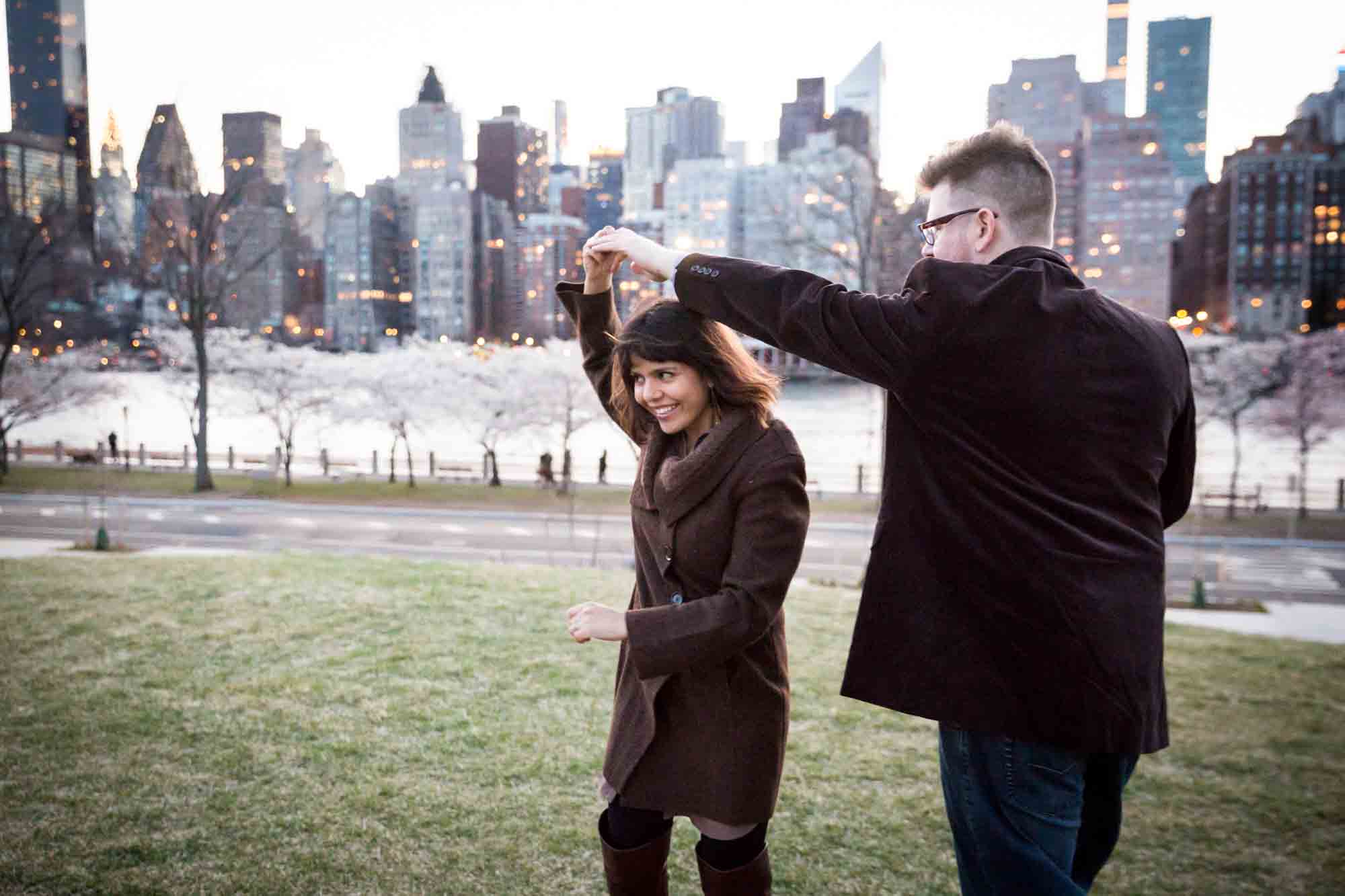 Roosevelt Island engagement portrait for an article on cherry blossom photo tips