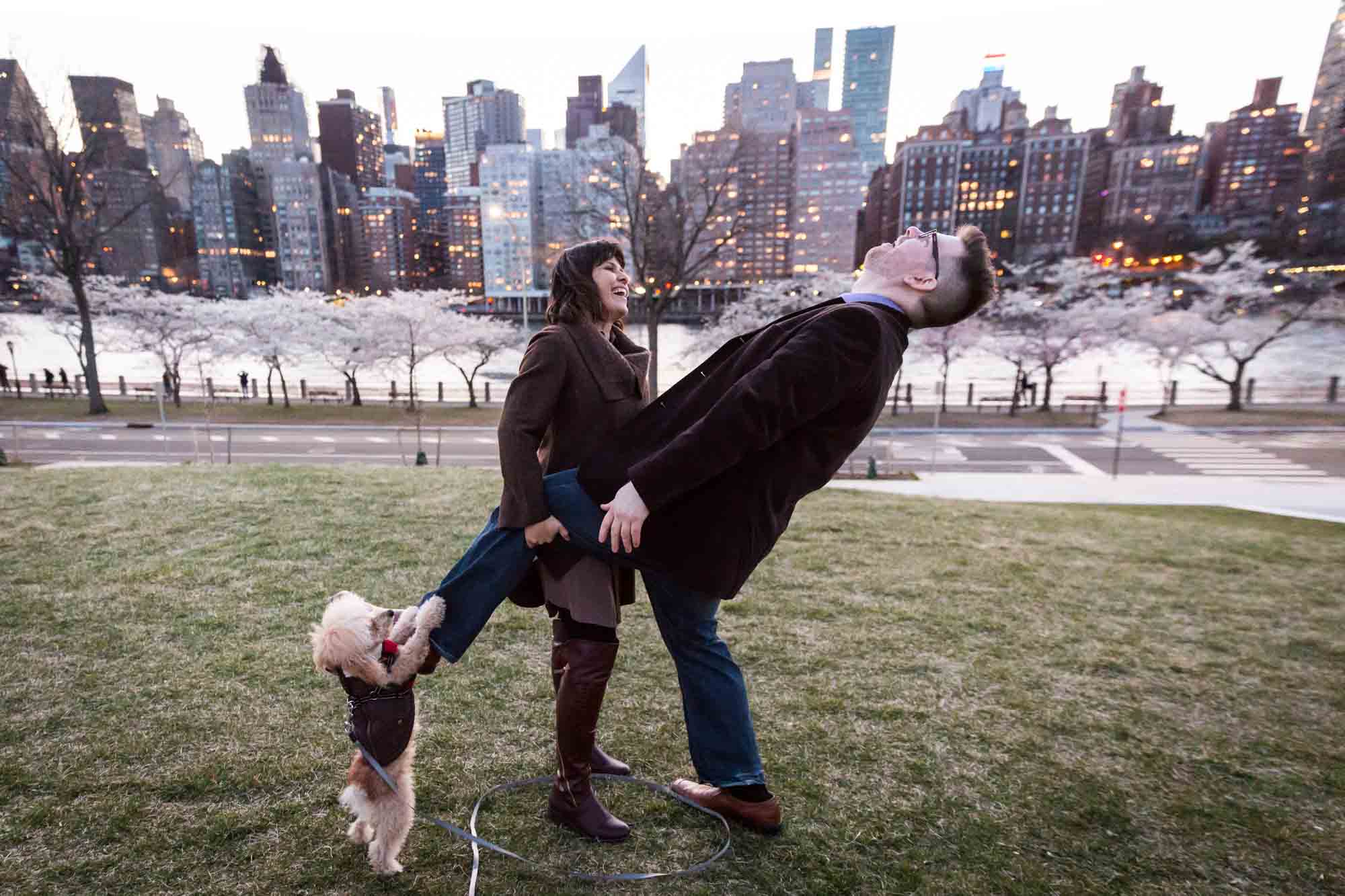 Roosevelt Island engagement portrait for an article on cherry blossom photo tips