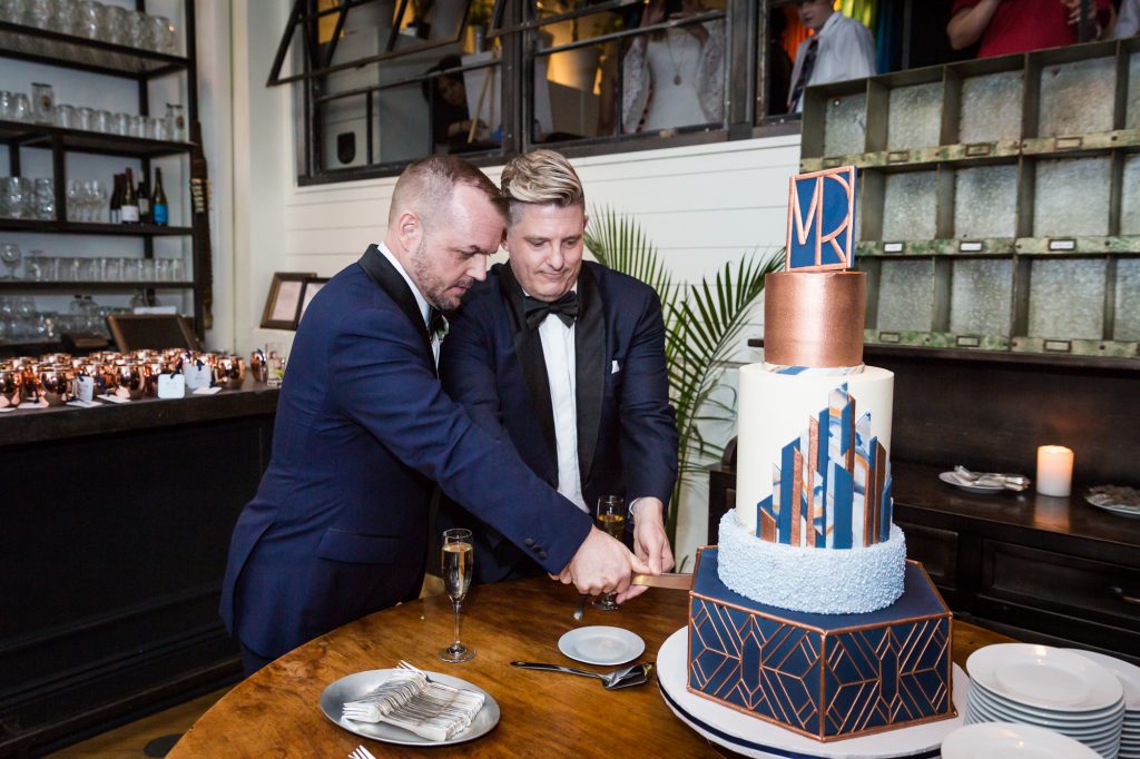 Cake cutting at a same sex wedding celebration in Washington DC