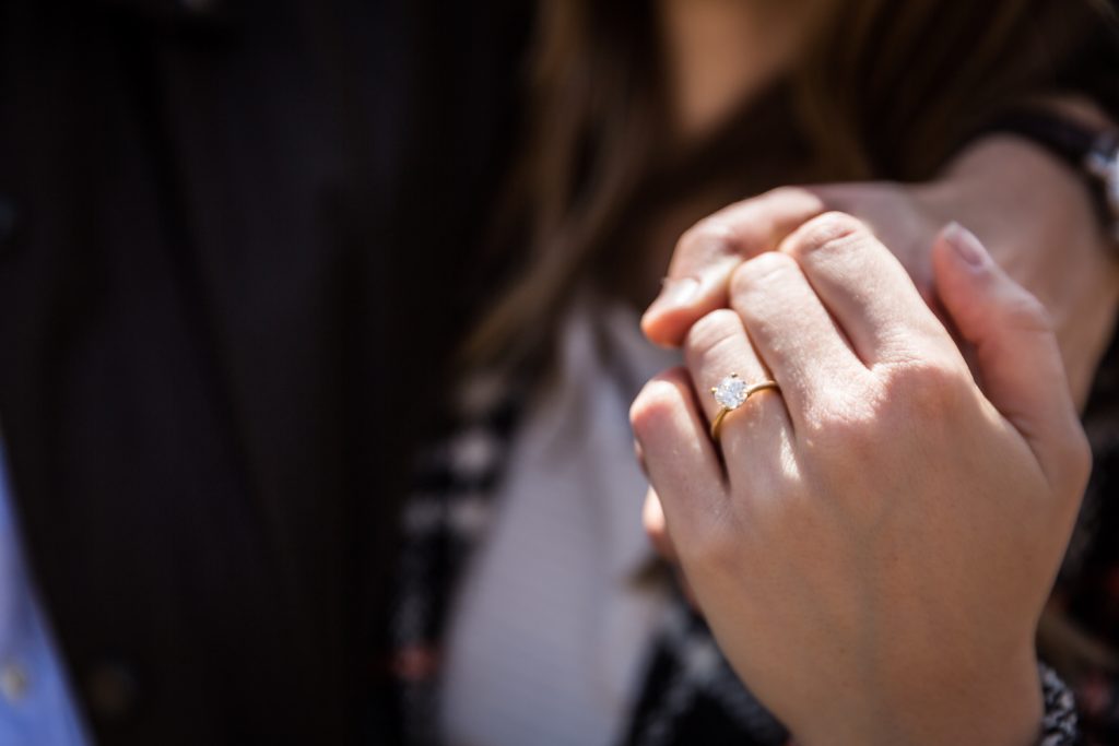 Close up on woman's hand with engagement ring