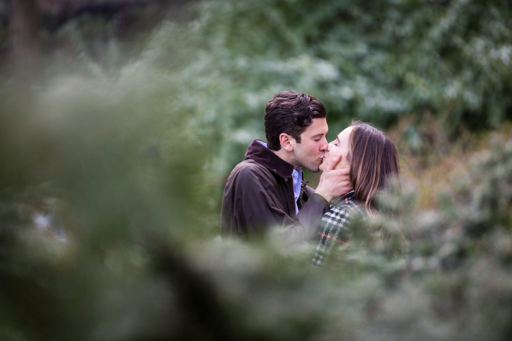 View through branches of couple kissing