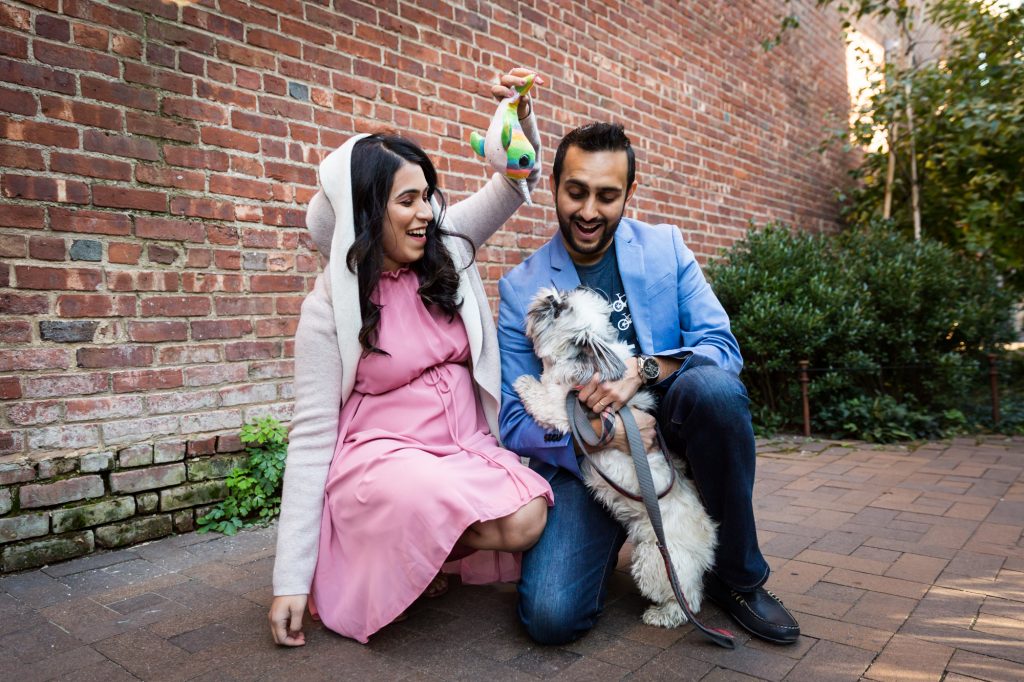 Portrait of a mother-to-be, husband, and dog for an article on maternity portrait tips