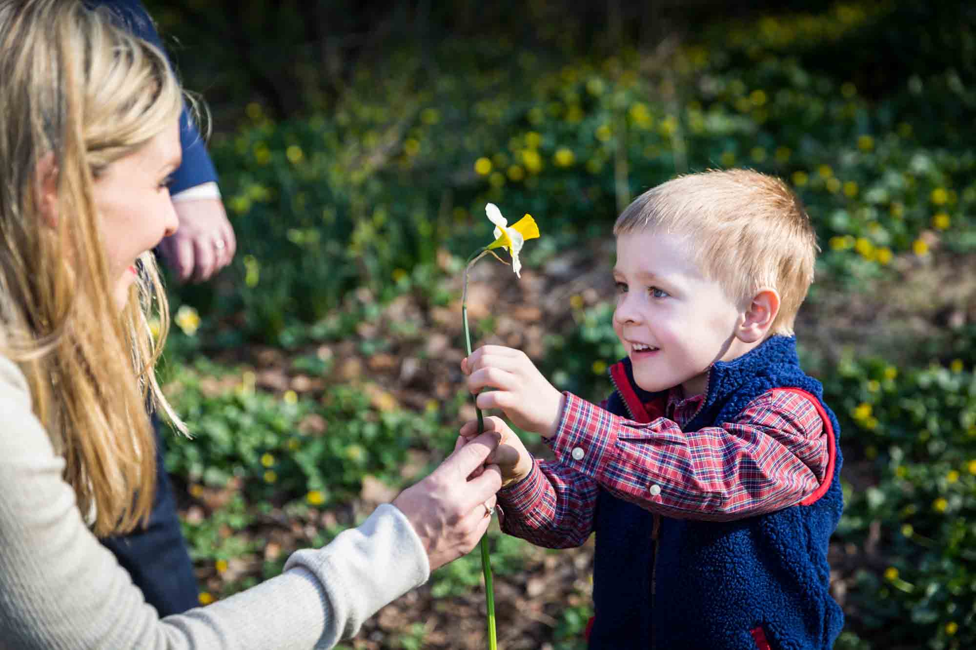 Mother and child with daffodil for an article on the best family portrait poses