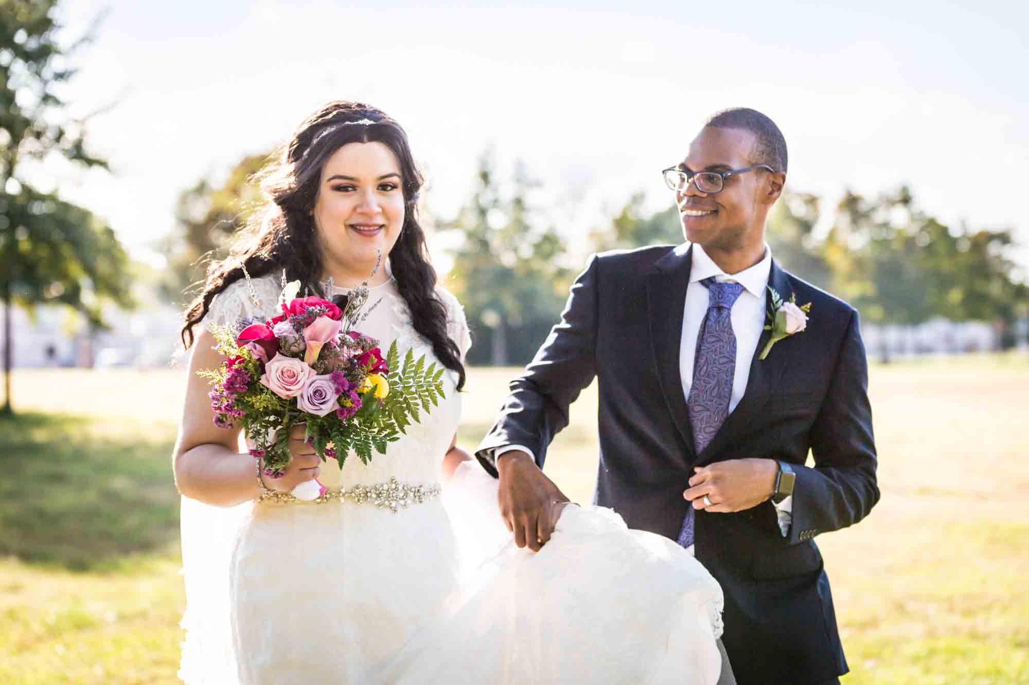 Portrait of bride and groom at park for an article on wedding photography timeline tips 