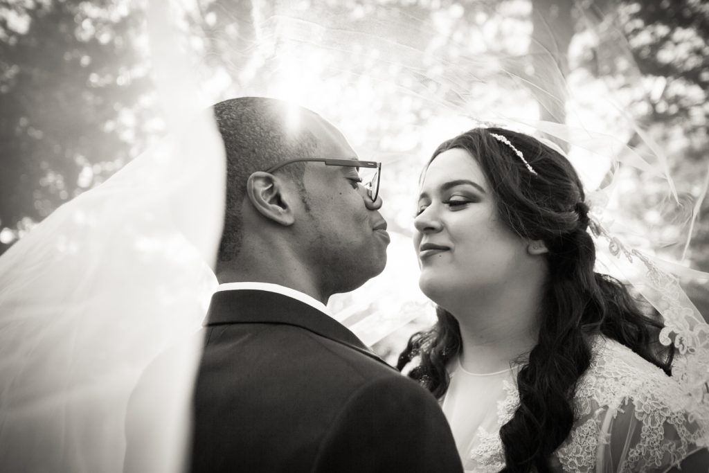 Black and white portrait of bride and groom under veil