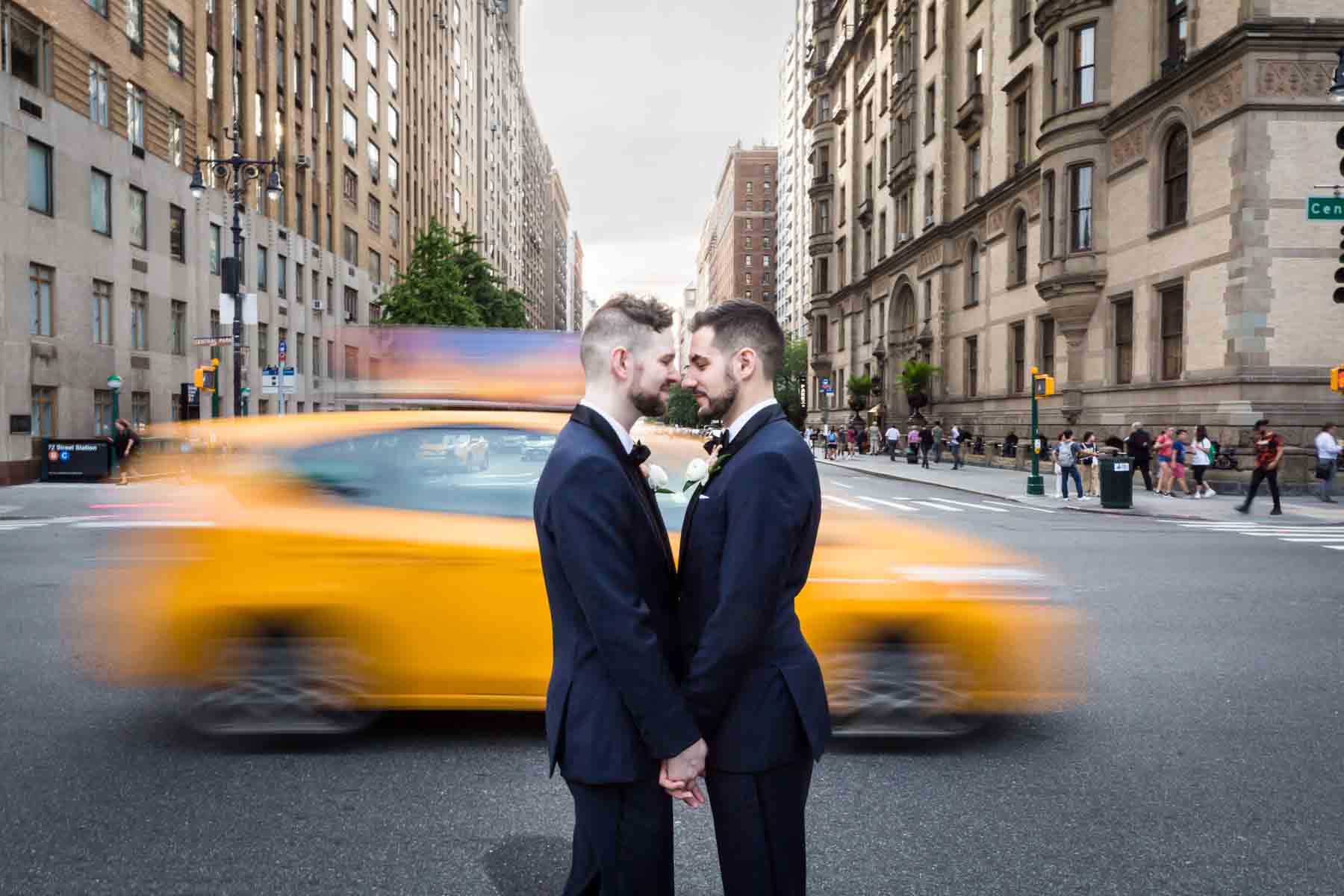 Grooms with taxicab speeding past for an article entitled, ‘Do you need a permit to get married in Central Park?’