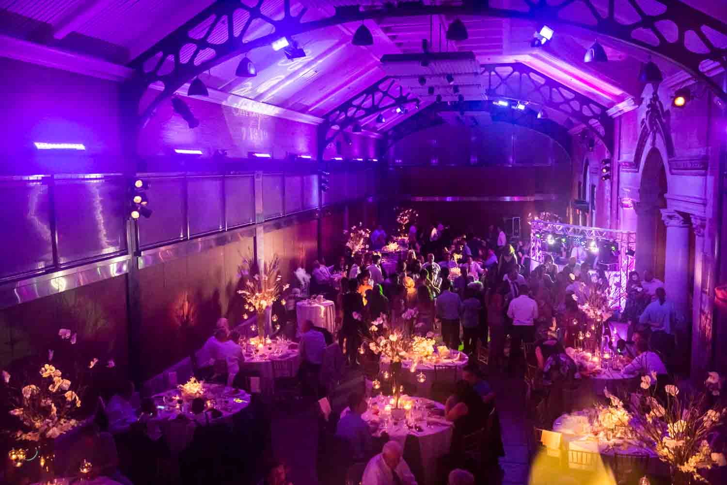 Reception tables with purple lighting for an article on Bronx Zoo wedding venue updates