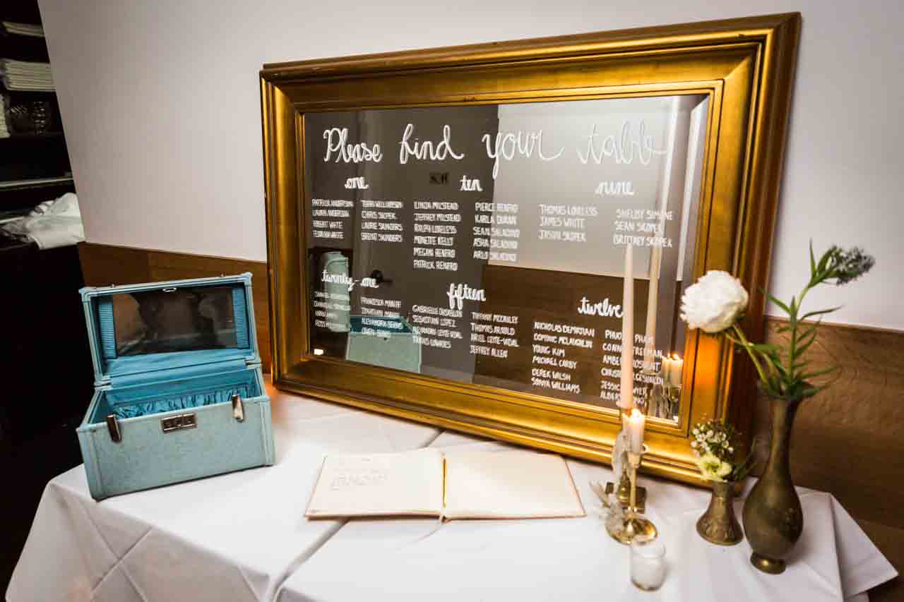 Seating chart on a mirror at a Central Park Conservatory Garden wedding