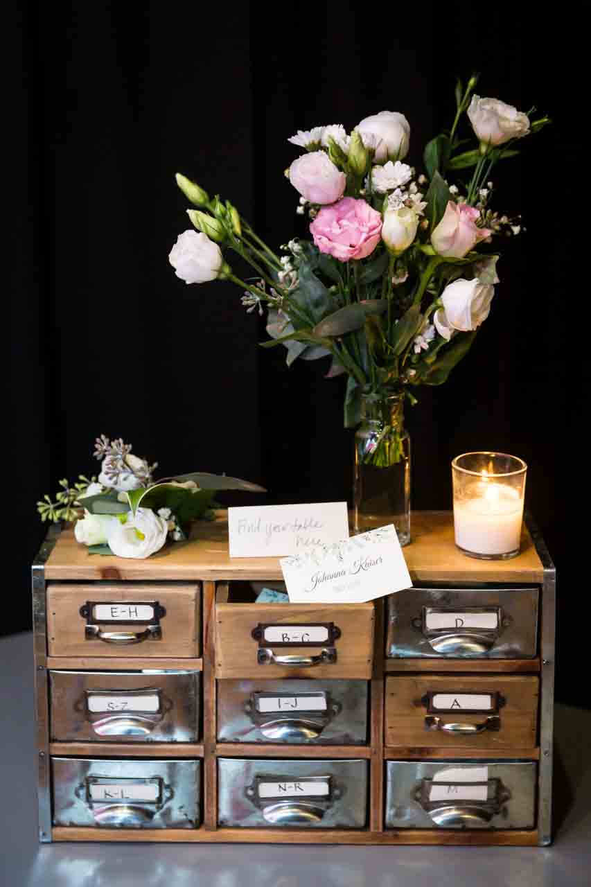 Card catalog drawers for guest escort cards