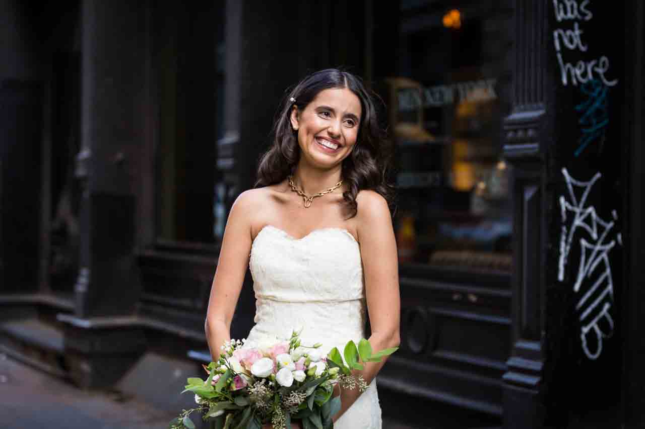 Portrait of smiling bride for an article on non-floral centerpiece ideas