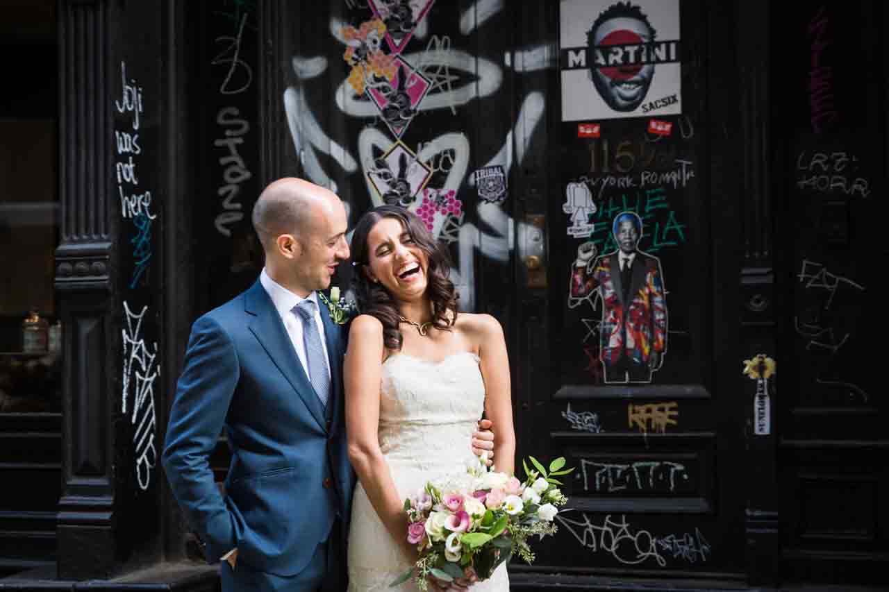 Bride and groom laughing for an article on non-floral centerpiece ideas