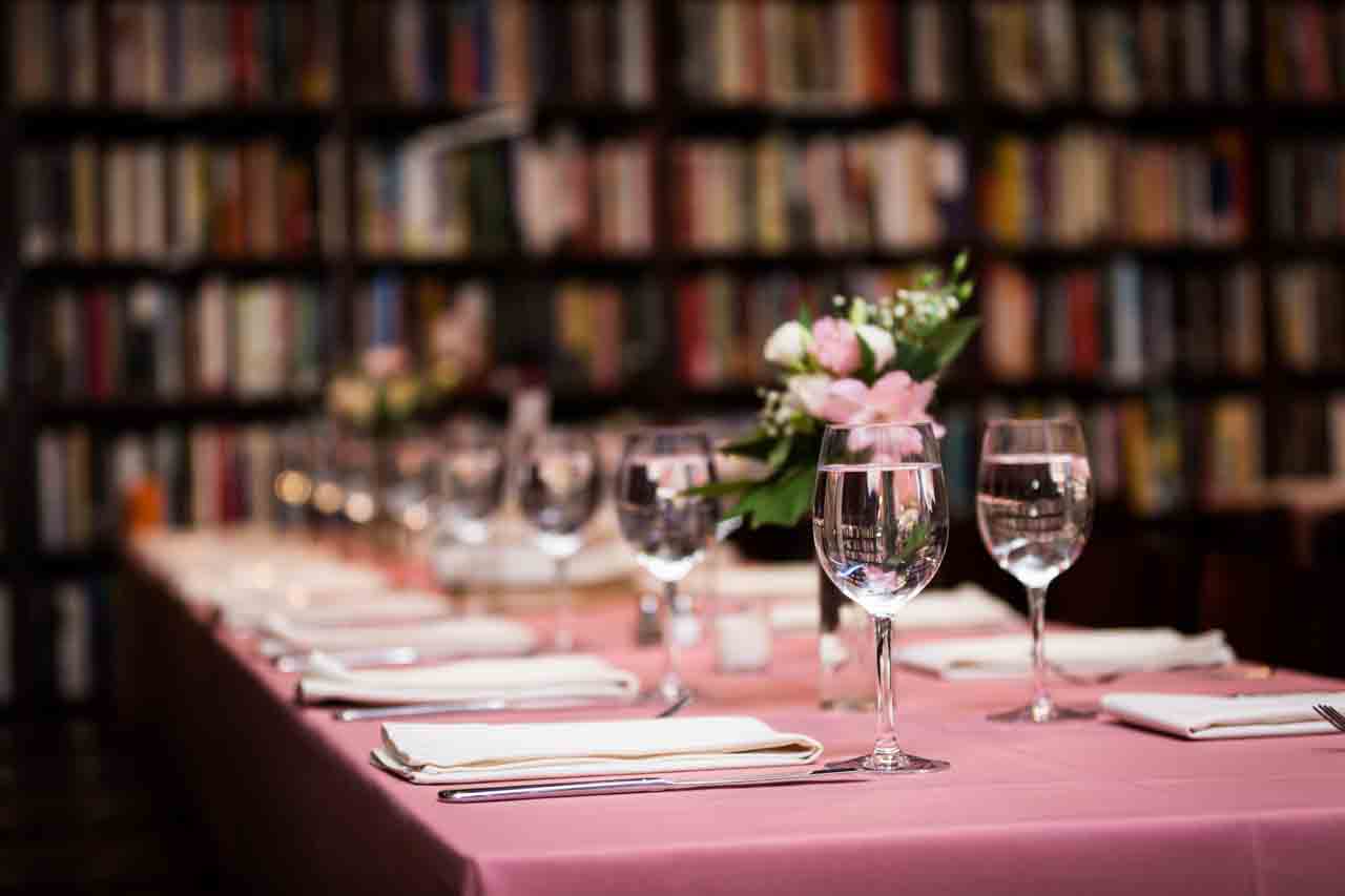 Housing Works Bookstore wedding table setting for an article on non-floral centerpiece ideas