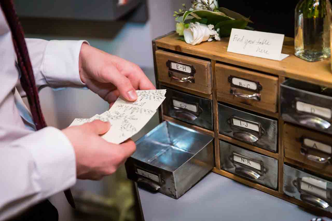 Card catalog drawers for guest escort cards