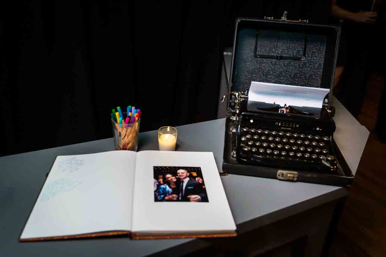 Guest book and antique typewriter for an article on non-floral centerpiece ideas