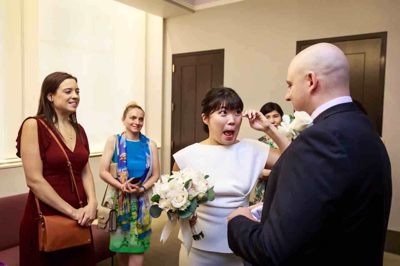 Bride crying after NYC City Hall wedding