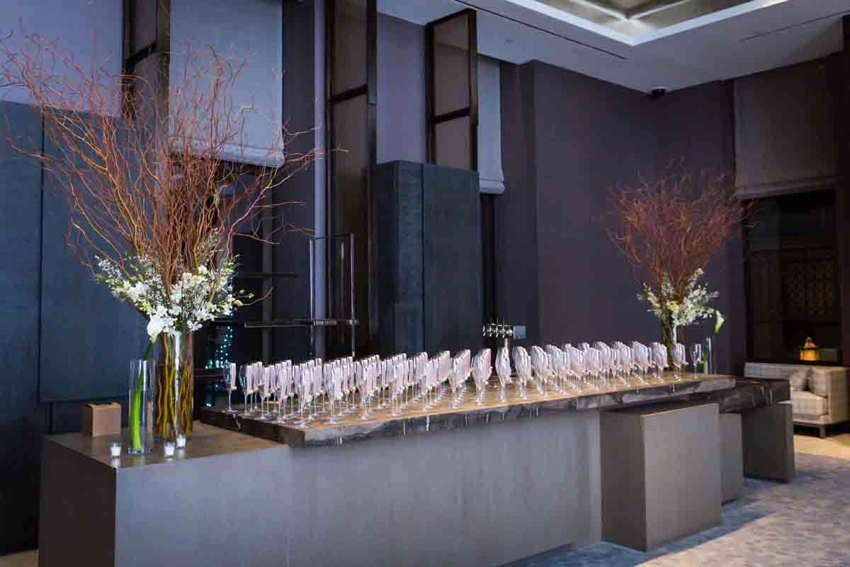 Champagne flutes used to display guest escort cards