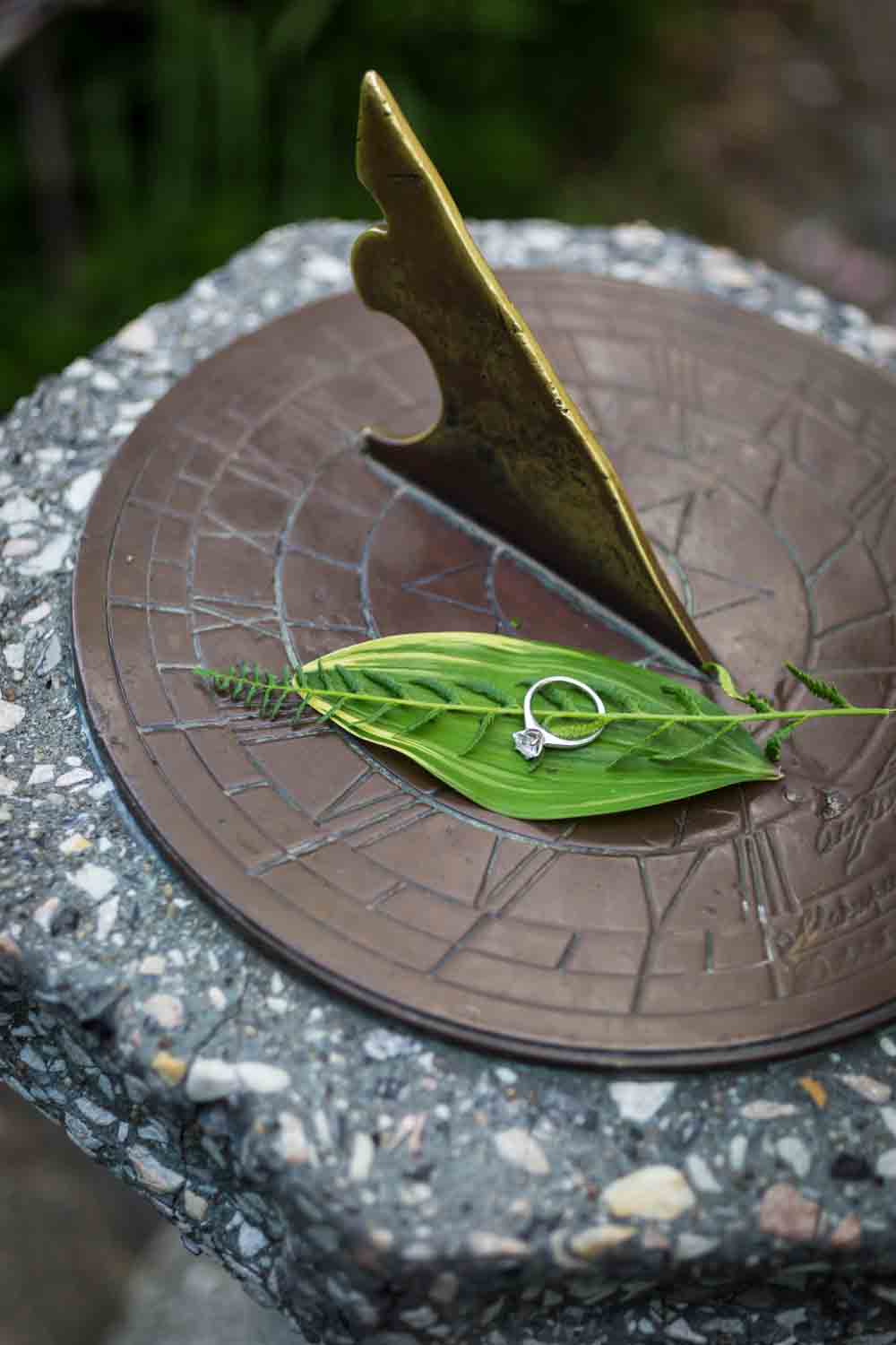 Engagement ring on leaf on sundial in Shakespeare Garden engagement photos