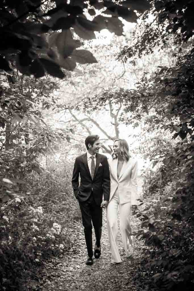 Black and white portrait of bride and groom in Central Park