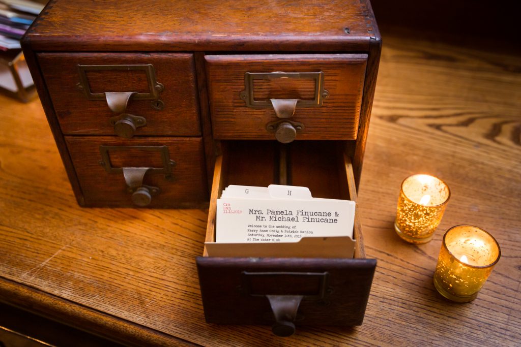 Small card catalog with guest escort cards at a Water Club wedding