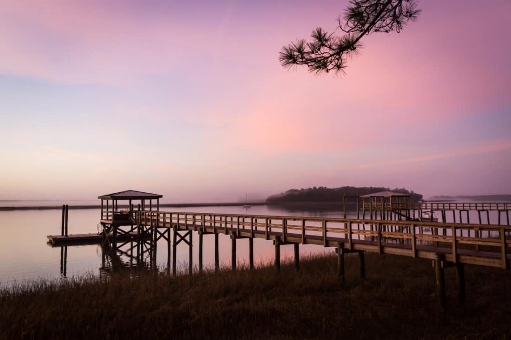 Dock on waterfront in Bluffton, South Carolina at sunrise