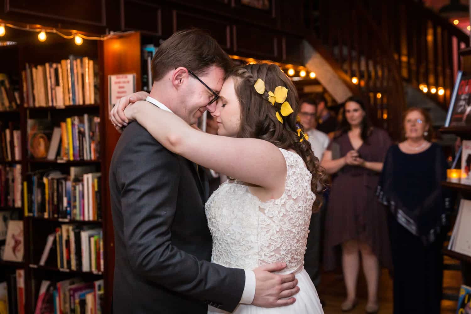 Bride and groom during first dance at a Housing Works Bookstore Cafe wedding