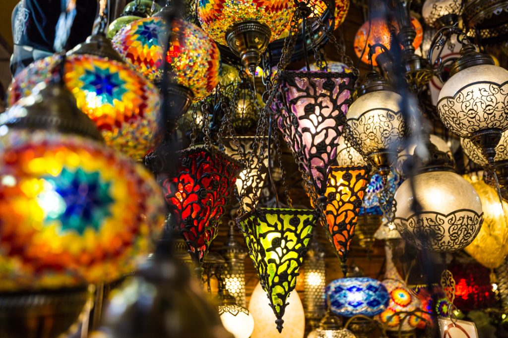 Colorful lanterns hanging in a bazaar in Istanbul, Turkey