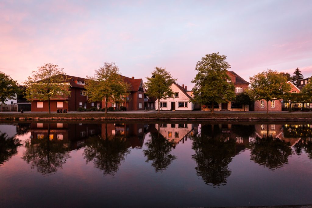 Row of waterfront houses in Papenburg, Germany