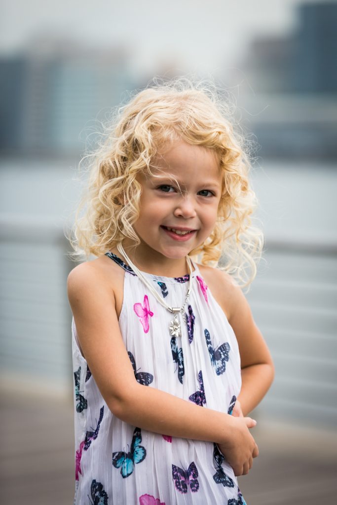Little girl with blond hair during a Gantry Plaza family portrait session