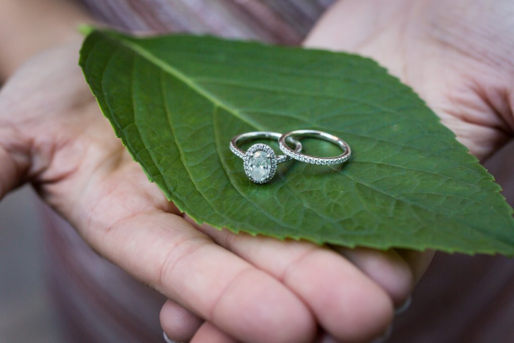 Close up on woman's hands holding leaf with engagement and wedding rings