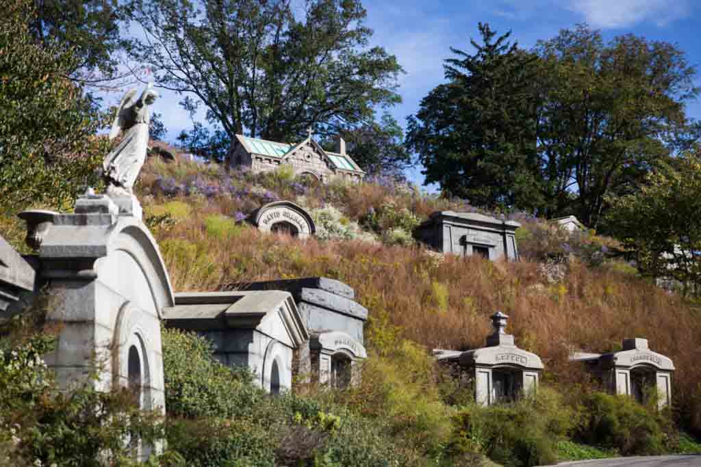 Hillside mausoleums for an article on visiting Green-Wood Cemetery