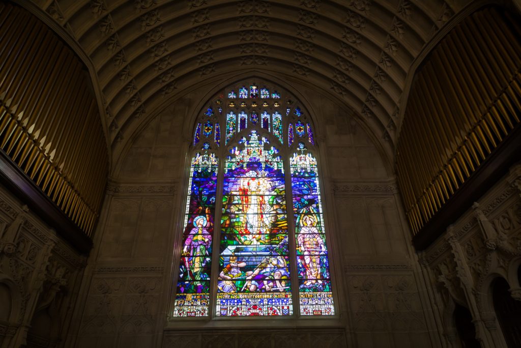 Stained glass window at historic chapel of Green-Wood Cemetery