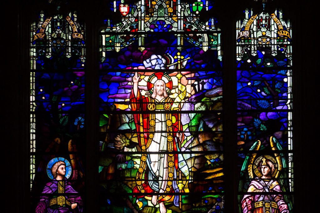Stained glass window at historic chapel of Green-Wood Cemetery
