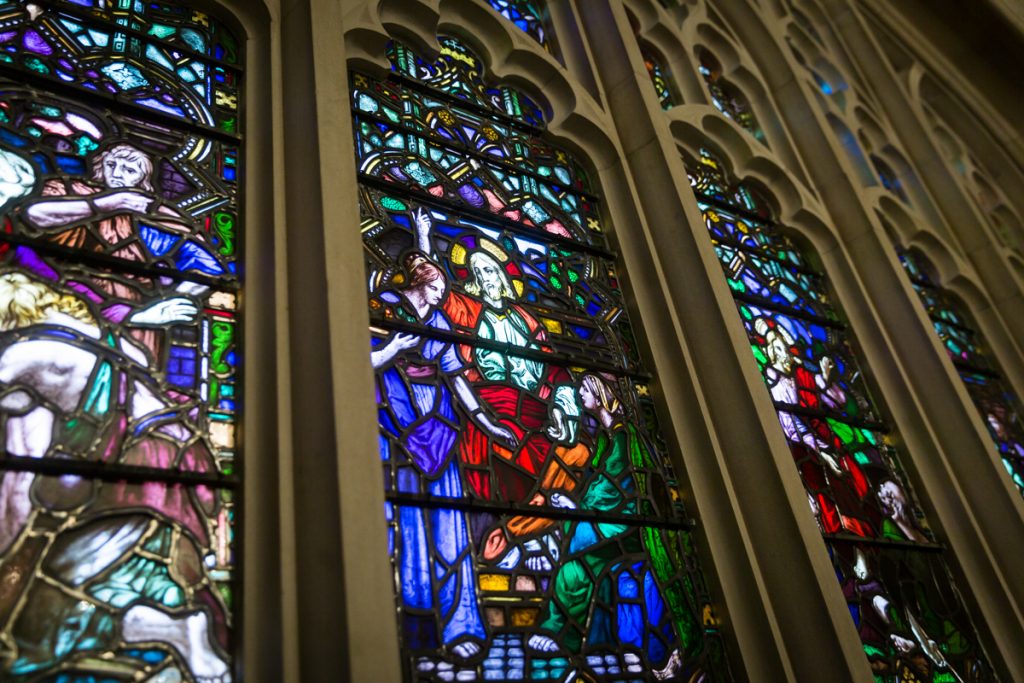 Stained glass window at historic chapel of Green-Wood Cemetery