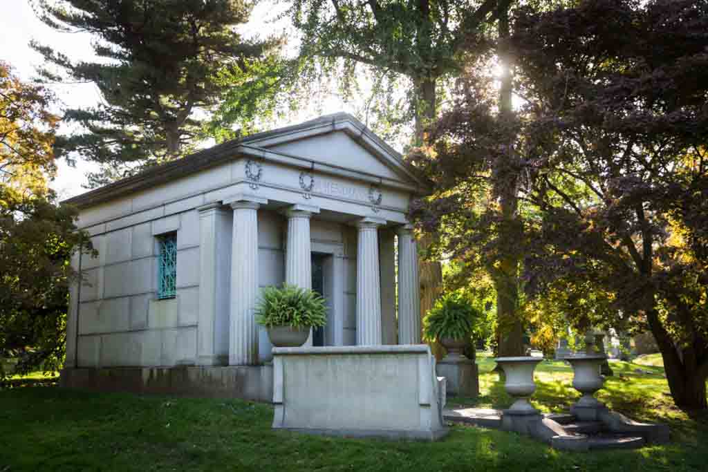 Mausoleum with columns at Green-Wood Cemetery