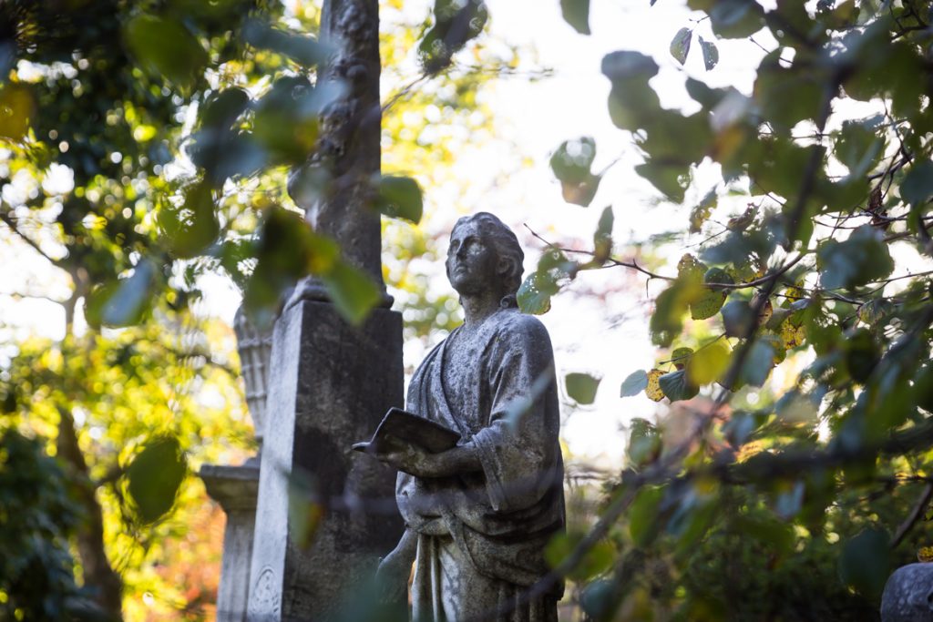 Graves seen through the trees at Green-Wood Cemetery