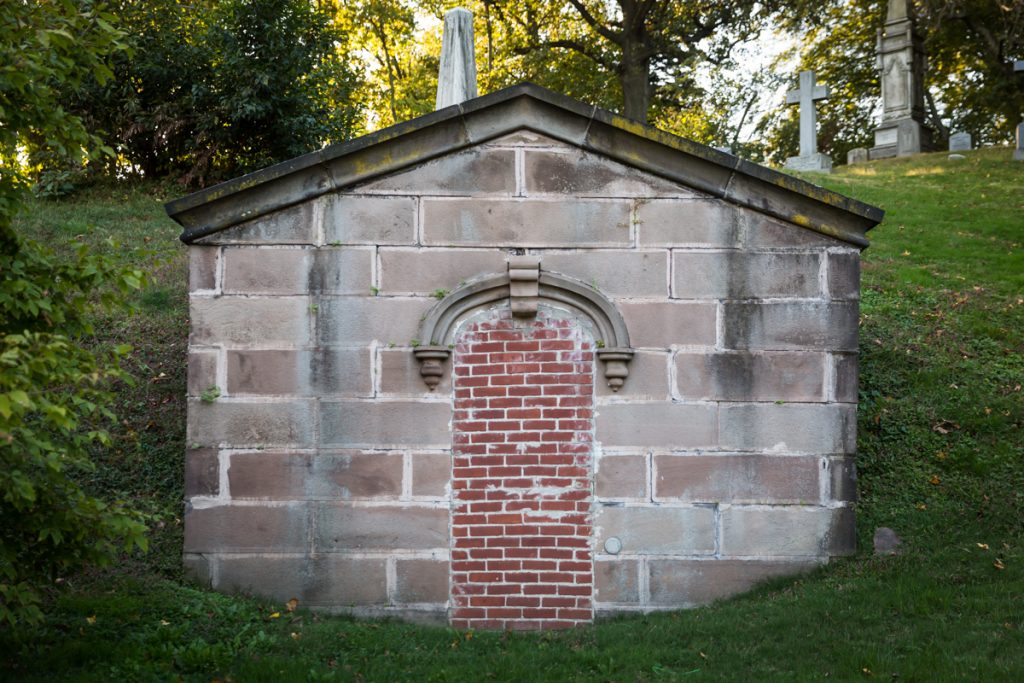 Mausoleum with bricked up doorway at Green-Wood Cemetery
