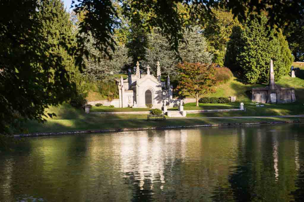The lakeside Niblo Mausoleum at Green-Wood Cemetery