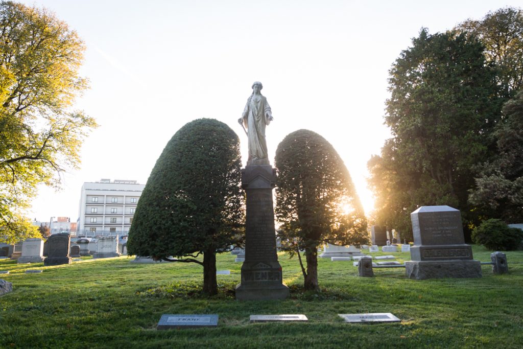 Grave statue atop two gian bushes at Green-Wood Cemetery