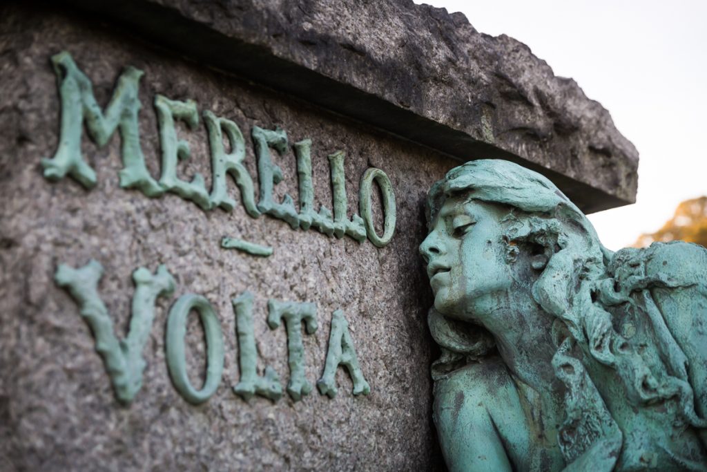 Close up of bronze monument to Rose Merella Guarino