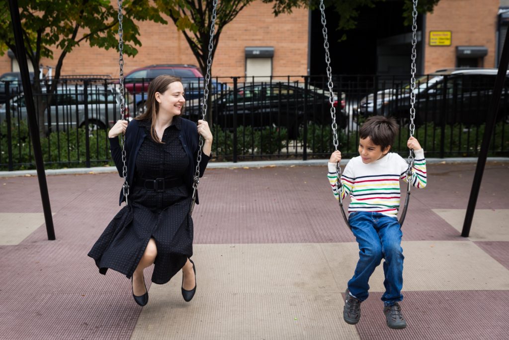 Mother and son on swings during a Gowanus family portrait session